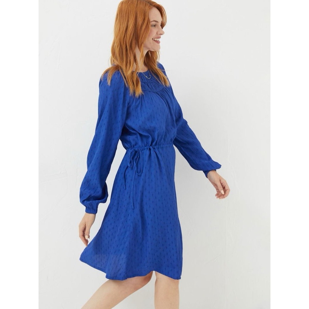 Fat‎ Face Dobby Smocked Mini Dress Womens 10 Blue Long Sleeve Boho Cottagecore